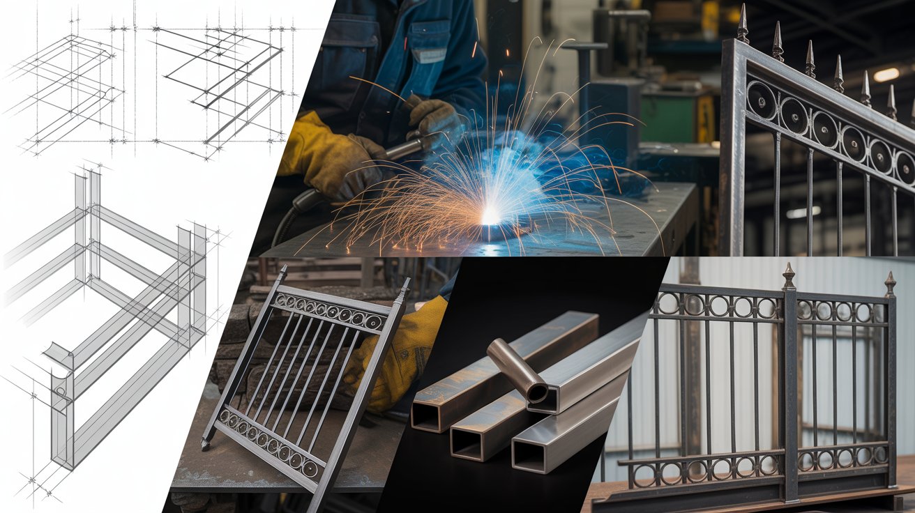 Montage of various custom metal products (fabrication, welding, design sketches)