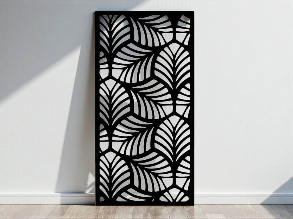 Decorative laser-cut metal screen with geometric or floral pattern.