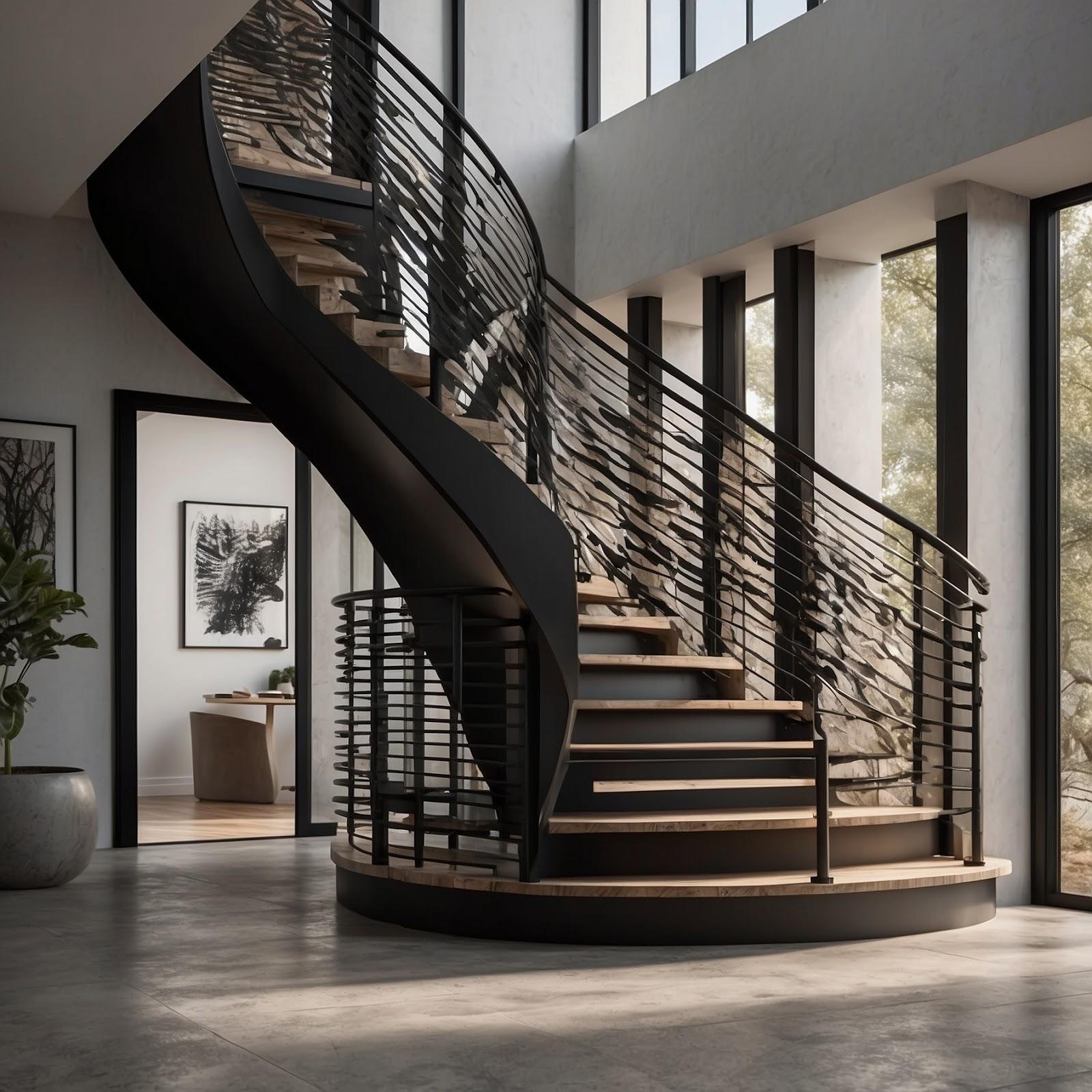 A modern spiral or industrial staircase with clean metal railings